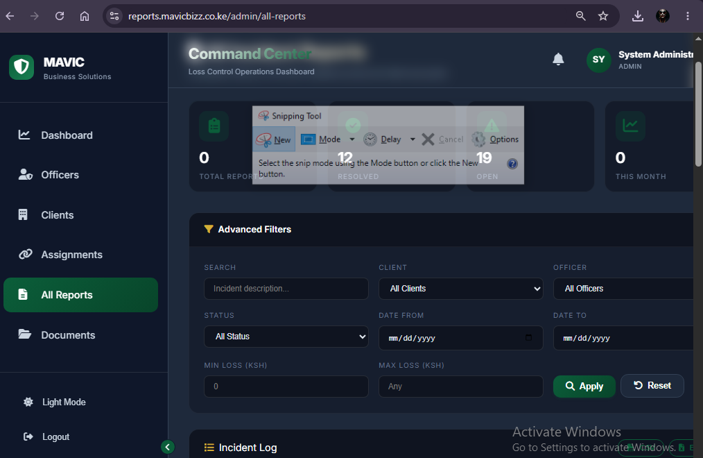 Mavic loss control dashboard overview