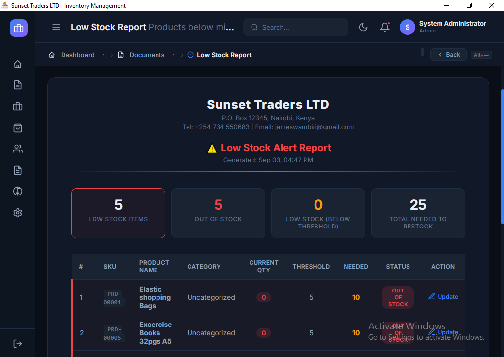 Sunset Traders inventory management system