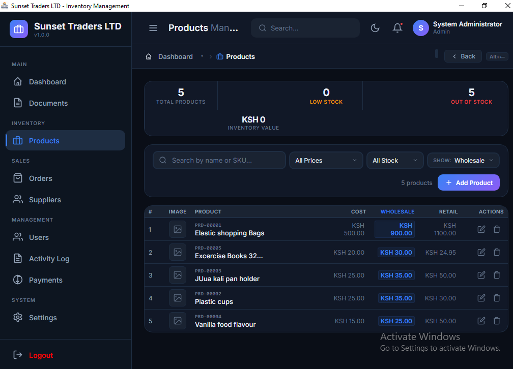 Sunset Traders inventory workflow
